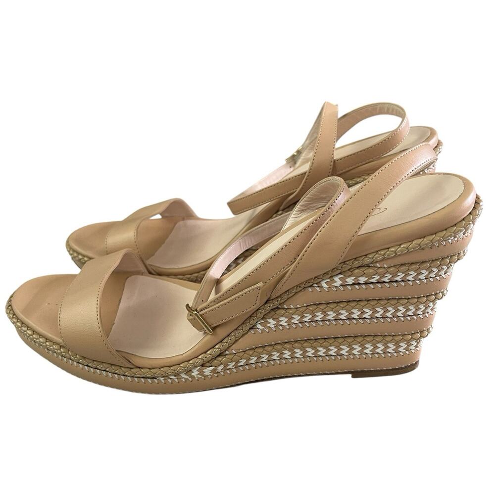 Oscar de la Renta Leather Wedge Sandal ITALY Size 40 US 10 Wrap Ankle Strap Nude - Picture 3 of 15